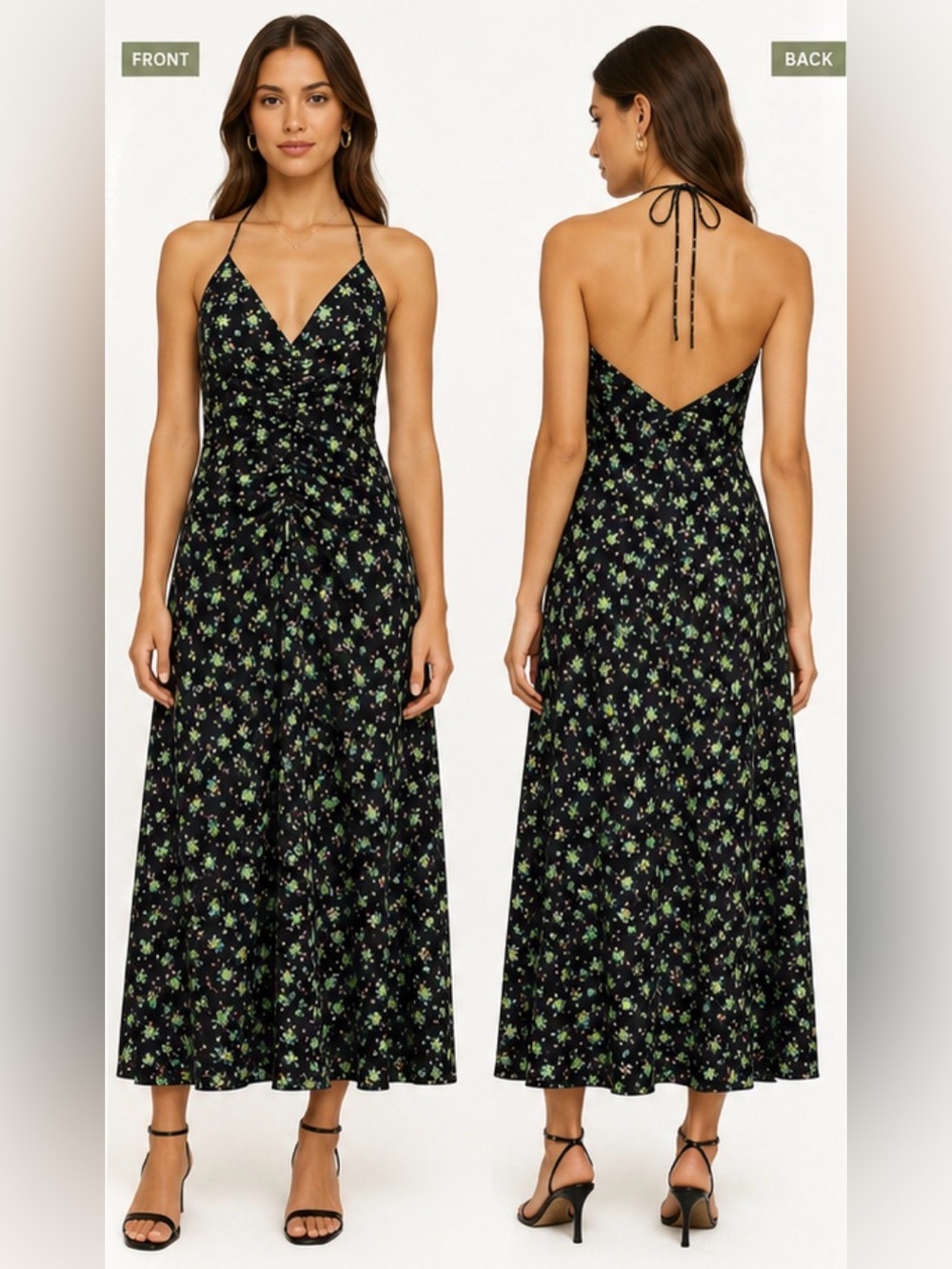 SANDRO MIDI DRESS 36 (US 4) RUCHED BLACK FLORAL PRINT PAOLA evening wedding